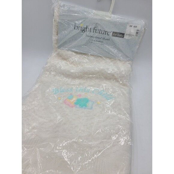 Vintage Bright Future White Woven Bless This Child Bear Moon Baby Blanket - Picture 1 of 7